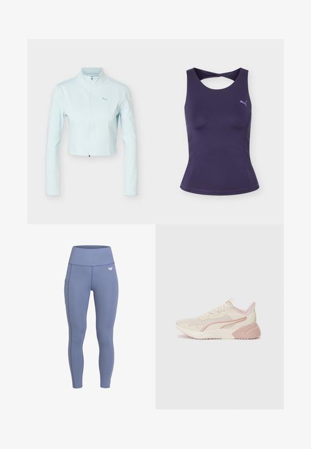 Veste courte bleu clair à manches longues, col montant, fermeture éclair à l'avant, et logo Puma sur le côté gauche de la poitrine.; Débardeur de sport violet sans manches avec un détail torsadé dans le dos et un petit logo Puma violet clair sur la poitrine.; Leggings extensibles taille haute en tissu doux bleu, avec une poche latérale et des détails de couture subtils. Présente un petit logo à la taille.; Baskets légères avec un design beige et rose pâle, tige en maille, semelle rembourrée et accents de logo discrets sur le côté.