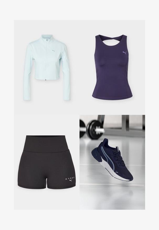 Hellblaue, kurz geschnittene Jacke mit langen Ärmeln, hohem Kragen, Reißverschluss vorne und Puma-Logo auf der linken Brust.; Lila ärmelloses sportliches Tanktop mit verdrehtem Rücken und kleinem, hellviolettem Puma-Logo auf der Brust.; Schwarze Sportshorts aus dehnbarem Material. Hohe Taille mit weißem "HYROX"-Text und Logo auf der linken unteren Seite. Glatte Textur.; Marineblauer Puma-Sneaker mit weißer Sohle, Schnürsenkeln und Logo, schwebt über einem Fitnessstudio-Boden mit Gewichten im Hintergrund.