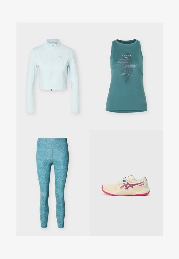 Lyseblå cropped jakke med lange ærmer, høj krave, lynlås foran og Puma-logo på venstre bryst.; Turkis ærmeløs atletisk tanktop med HYROX- og Puma-logoer og hvide grafiske linjer foran.; Højtaljede turkise leggings med et subtilt plettet mønster, vist fladt mod en hvid baggrund.; Cremefarvet sportsko med en lyserød sål, blå og lilla accenter, perforeret overdel og design med rund tå.