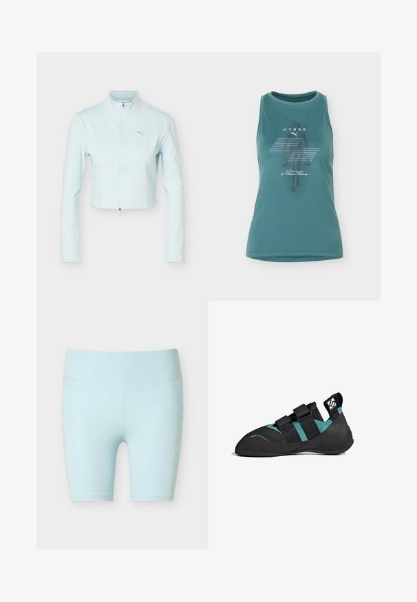 Chaqueta corta azul claro con mangas largas, cuello alto, cremallera frontal y logo de Puma en el pecho izquierdo.; Camiseta deportiva sin mangas color azul verdoso con logotipos de HYROX y Puma y líneas gráficas blancas en la parte delantera.; Pantalones cortos deportivos azul claro, de talle alto y hasta la rodilla, con costuras planas diseñadas para ofrecer comodidad y flexibilidad.; Zapato de escalada negro con punta afilada, doble correa de Velcro, acentos en verde esmeralda y suela de goma texturizada para un mejor agarre.