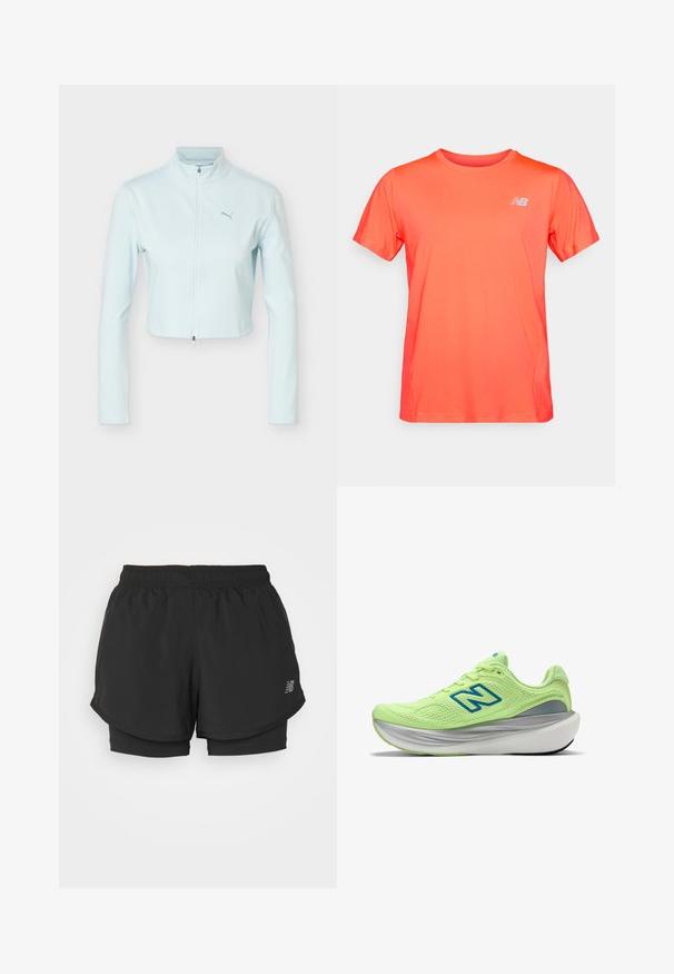 Veste courte bleu clair à manches longues, col montant, fermeture éclair à l'avant, et logo Puma sur le côté gauche de la poitrine.; T-shirt de sport orange vif à manches courtes avec un petit logo blanc de New Balance sur la poitrine gauche, présenté sur un fond uni.; Shorts de sport noirs avec une taille élastique, présentant un design superposé et une doublure intérieure. Le tissu semble léger et lisse.; Chaussure de course vert clair avec une tige en mesh, logo "N" bleu, soutien du talon gris, et semelle blanche épaisse.