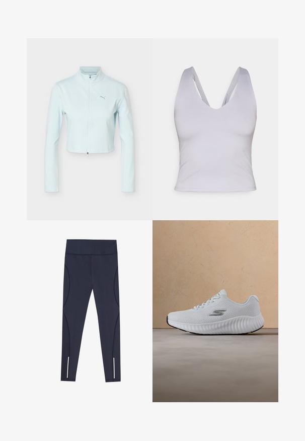 Lyseblå cropped jakke med lange ærmer, høj krave, lynlås foran og Puma-logo på venstre bryst.; Lys grå ærmeløs crop top med en dyb V-udskæring, lavet af glat stof, med brede stropper og en fitted design.; Navy blå leggings lavet af strækbart stof, med en høj talje og buede sidesømme, samt reflekterende detaljer ved anklerne.; Hvid atletiksneaker med tekstureret sål og meshoverdel, med et sølvfarvet "S"-logo, svævende over en beige tæppe- og sofa-baggrund.