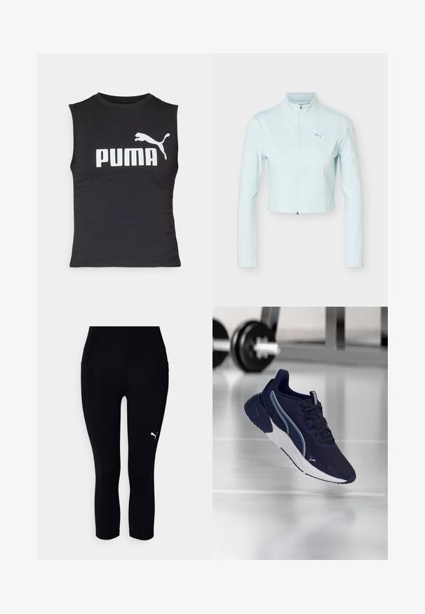 Chaqueta corta azul claro con mangas largas, cuello alto, cremallera frontal y logo de Puma en el pecho izquierdo.; Camiseta sin mangas negra de tela suave con un destacado logo blanco de "PUMA" y la silueta de un puma saltando.; Leggings capri negros hechos de tela elástica, con una cinturilla alta y un pequeño logo blanco en el lado izquierdo. Textura suave.; Zapatilla Puma azul marino con suela, cordones y logo blancos, flotando sobre un suelo de gimnasio con pesas al fondo.