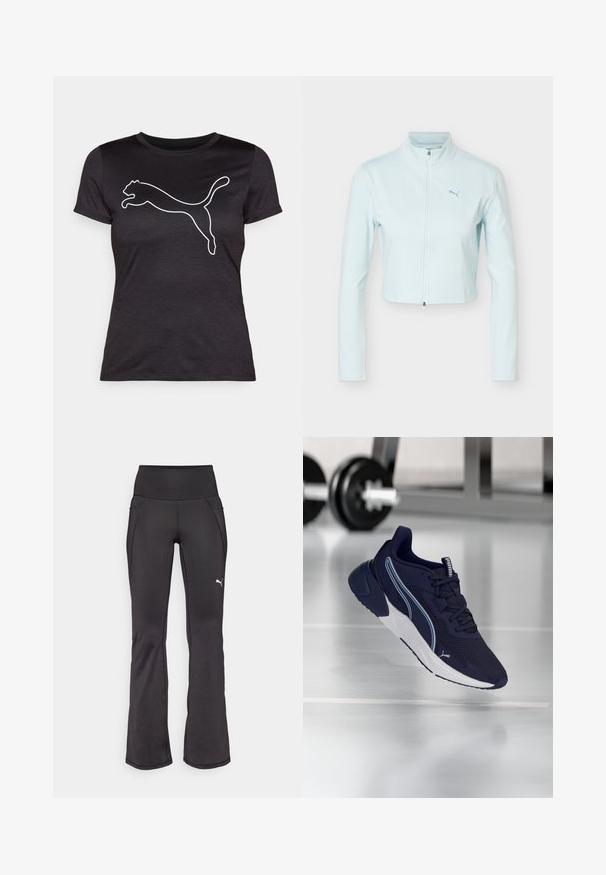 Chaqueta corta azul claro con mangas largas, cuello alto, cremallera frontal y logo de Puma en el pecho izquierdo.; Camiseta negra hecha de tela suave con una gran silueta blanca del logotipo de un puma saltando en la parte delantera. Cuello redondo clásico, mangas cortas.; Pantalones de fitness negros de campana con una cinturilla alta, tejido elástico, que presentan un logo de marca bordado en blanco y un sutil detalle de costura.; Zapatilla Puma azul marino con suela, cordones y logo blancos, flotando sobre un suelo de gimnasio con pesas al fondo.