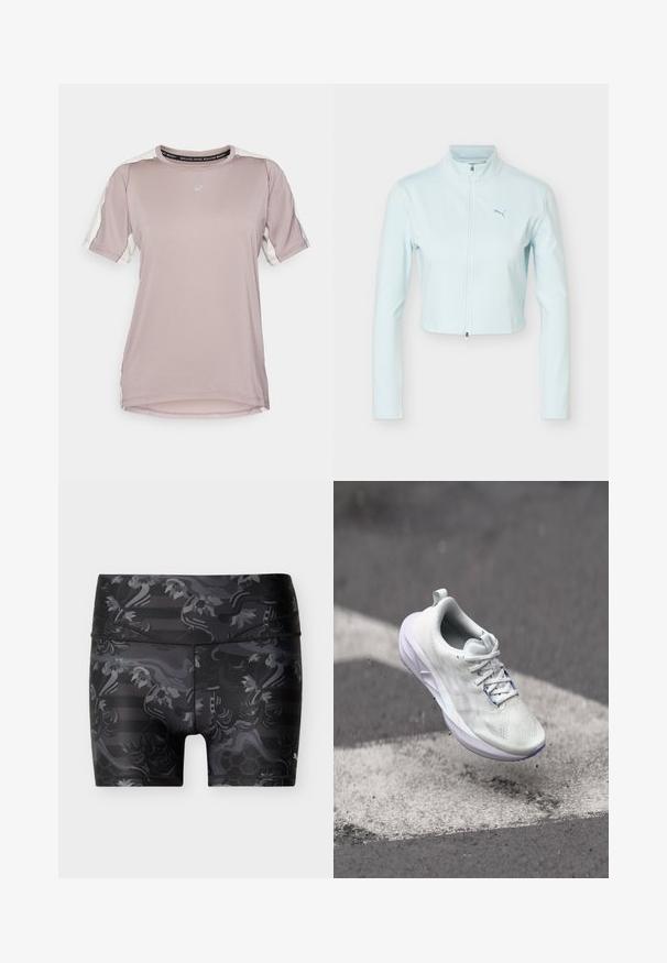 Lyseblå cropped jakke med lange ærmer, høj krave, lynlås foran og Puma-logo på venstre bryst.; ASICS FUJITRAIL ELITE TOP - Sports T-shirts - rainstorm grey/cream; Sorte og grå athletic-shorts med blomsterprint, bred talje og synlige syninger på ensfarvet baggrund.; Hvide sportsko med struktureret overdel, snører-design og polstret sål. Accenter inkluderer en lys lilla ydersål og en træksløjfe ved hælen.