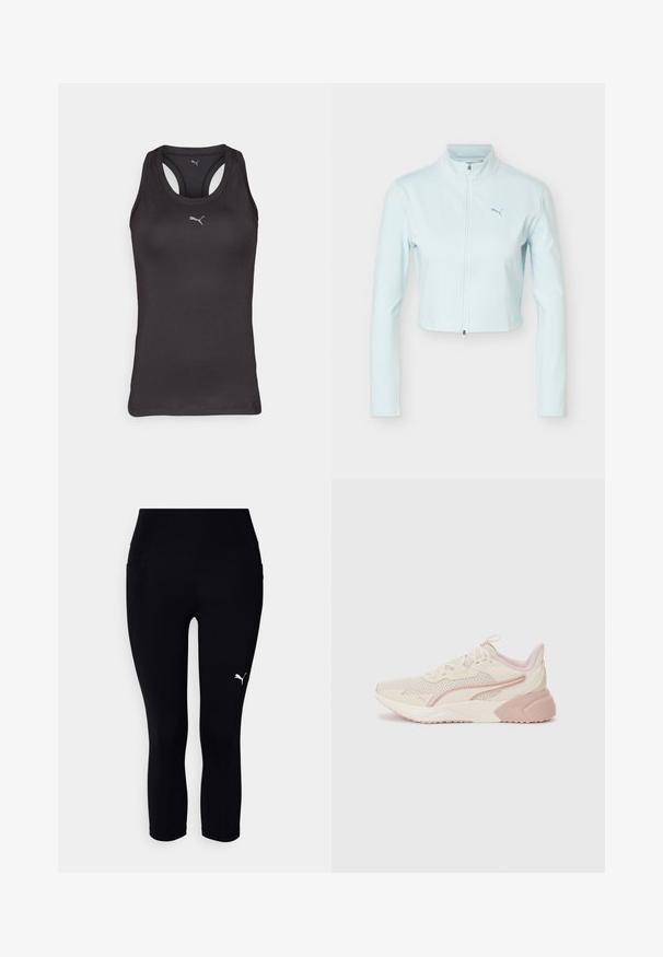 Lichtblauw cropped jack met lange mouwen, hoge kraag, ritssluiting aan de voorkant en Puma-logo op de linkerborst.; Zwarte sportieve tanktop met een racerback ontwerp, gemaakt van gladde stof, met een klein grijs logo op het midden van de voorkant.; Zwarte capri leggings gemaakt van rekbaar materiaal, met een hoge tailleband en een klein wit logo aan de linkerkant. Soepele textuur.; Lichte sneakers met een beige en lichtroze ontwerp, een bovenwerk van mesh, een gevoerde zool en subtiele logo-accenten aan de zijkant.
