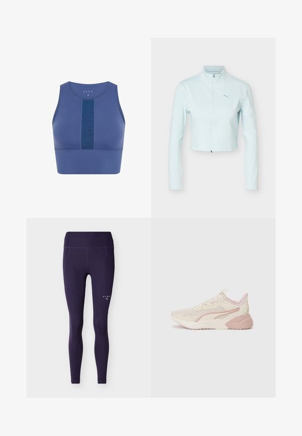 Helesinine lühike jakk pikad varrukad, kõrge krae, ees tõmblukk ja Puma logo vasakul rinnal.; Sinine spordirinnahoidja ümmarguse kaelusega, lühikese kujundusega, tekstureeritud keskpaneeliga ja sileda kangaga. Omab minimalistlikke õmblusdetailide.; Tumesinised kõrge vöökohaga sportlikud retuusid külgmiste õmblustega, millel on väikesed valged "HYROX" ja Puma logod ülemisel reiel.; Kergedavad jooksujalatsid beeži ja heleda roosa disainiga, võrksüdamik, pehmendusega tald ning vaiksed logo aktsendid küljel.