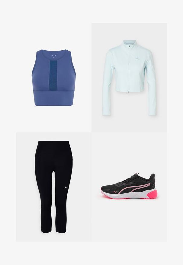 Svetlomodrá krátka bunda s dlhými rukávmi, vysokým golierom, predným zipsom a logom Puma na ľavej strane hrudníka.; Modrá športová podprsenka s okrúhlym výstrihom, skráteným strihom, textúrovaným stredovým panelom a hladkým materiálom. Obsahuje minimalistické švy.; Čierne kapri legíny vyrobené z elastického materiálu, s vysokým pásom a malým bielym logom na ľavej strane. Hladká textúra.; Čierne športové topánky s pr mesh hornou časťou, ružovými akcentami, bielou medzipodrážkou a výrazným logom. Majú ľahký dizajn a textúrovanú podrážku.
