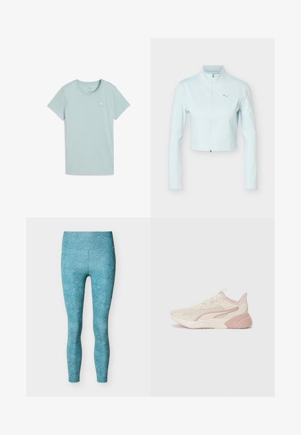 Lichtblauw cropped jack met lange mouwen, hoge kraag, ritssluiting aan de voorkant en Puma-logo op de linkerborst.; Lichtblauw T-shirt met korte mouwen van zacht katoen, met een vierkante logopatch op de linkerborst en een klassieke ronde hals.; Hoogwaterige teal legging met een subtiel gespikkeld patroon, plat weergegeven tegen een witte achtergrond.; Lichte sneakers met een beige en lichtroze ontwerp, een bovenwerk van mesh, een gevoerde zool en subtiele logo-accenten aan de zijkant.