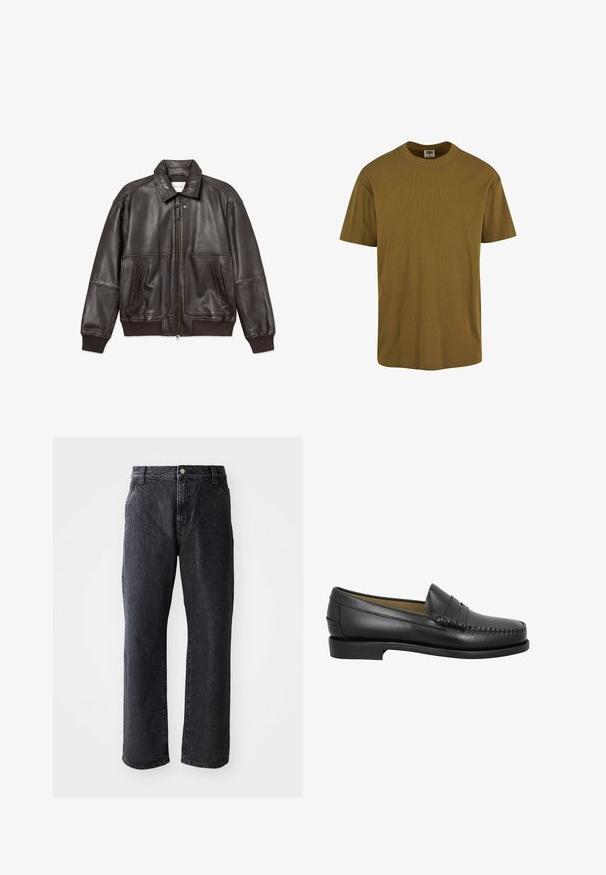 Mørkebrun læder bomberjakke med lynlås foran, to store forlommer, ribstrikkede manchetter og kravedetalje på hvid baggrund.; Urban Classics SHORTSLEEVE - T-shirts basic - tiniolive; Sorte denim jeans med lige snit, med knaplukning, fem lommer og subtil tekstur. Klassisk design uden fremtrædende mønstre.; Sorte læder loafersko med en rund tå, dekorativ syning og en lav, flad sål. Glat tekstur, minimalistisk design uden udsmykninger.