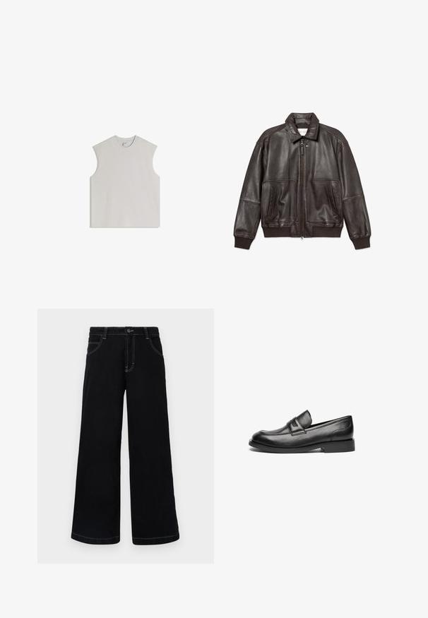 Blouson aviateur en cuir marron foncé avec fermeture éclair à l'avant, deux grandes poches avant, poignets côtelés et détail col sur fond blanc.; Débardeur sans manches gris clair en coton doux, doté d'un col rond, d'une coupe décontractée et d'un design minimaliste sans ornements.; Pantalons larges noirs en denim, dotés d'une fermeture à boutons, de cinq poches et de coutures blanches contrastantes le long des coutures.; Des mocassins en cuir noir présentent un bout arrondi, une couture sur le dessus et une semelle en caoutchouc plate et basse. Texture lisse sans motifs visibles.