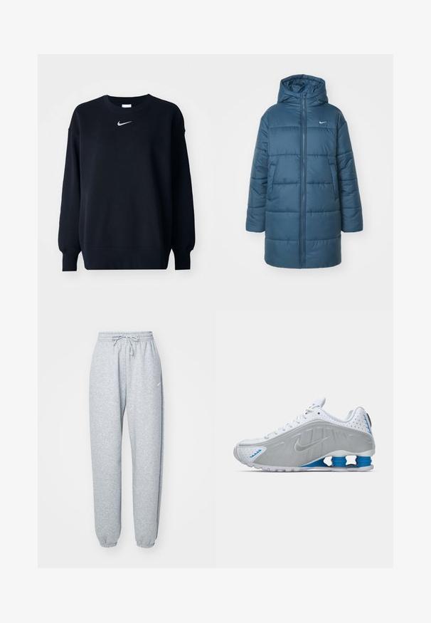 Pudret jakke i teal med lynlås foran, stor hætte og sidelommer. Inkluderer vandret syninger og et lille logo på brystet.; Sort sweatshirt lavet af bomuldsblanding; ribbet rund hals, lange ærmer og elastiske manchetter; har et lille sølvfarvet Nike-logo på brystet.; Lysgrå sweatpants lavet af blød bomuldsblanding, med elastisk talje og snoretræk, tapered ben og ribbede manchetter. Minimal brandingdetalje.; Hvide atletiske sko med grå detaljer, tekstureret overdel, perforeringer for åndbarhed og blå hælspiraler. Har en flad sål.