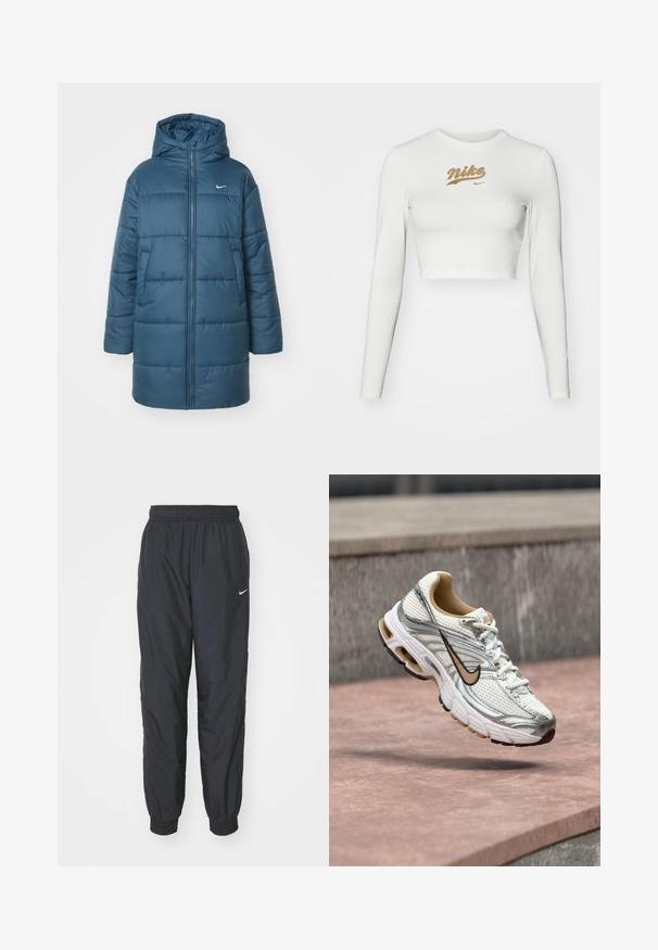 Daunenjacke in Teal, mit Reißverschluss vorne, großer Kapuze und seitlichen Taschen. Enthält horizontale Nähte und ein kleines Logo auf der Brust.; Weißes, langärmliges Crop-Top aus glattem Stoff, mit einem goldenen Nike-Logo-Print auf der Brust und einem klassischen Rundhalsausschnitt.; Schwarze Nike Jogginghosen aus leichtem Material, mit elastischem Bund und Bündchen, versehen mit einem kleinen weißen Logo am linken Bein.; Weißer und silberner Nike Laufschuh mit beigem Swoosh-Logo, gezeigt schwebend über einer Steinoberfläche mit verschwommenem grauem Wandhintergrund.