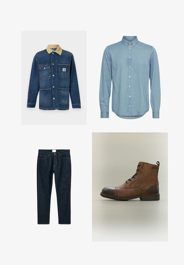 Veste de travail en denim bleu avec col beige, quatre poches avant, fermeture par boutons et logo Carhartt sur la poche supérieure droite.; Chemise en denim bleu clair avec un col rabattable, des manches longues et un ourlet arrondi. Présente une patte de boutonnage à l'avant avec des boutons blancs.; Jean en denim bleu foncé, coupe droite, avec cinq poches, fermeture boutonnée et couture contrastante. Texture lisse avec un design classique.; Botte cheville en cuir marron à lacets avec bout noir, semelle ronde et détail de marque sur le côté sur fond uni.