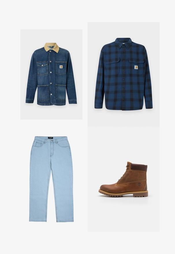 Chaqueta de trabajo azul de mezclilla con cuello beige, cuatro bolsillos delanteros, cierre de botones y logo de Carhartt en el bolsillo superior derecho.; Camisa de franela a cuadros en azul y negro, con mangas largas, cierre de botones en la parte delantera, dos bolsillos en el pecho y una etiqueta de marca en el bolsillo izquierdo.; Jeans de pierna recta de color azul claro con bolsillos delanteros, trabillas para cinturón, cierre de botón y detalles de costura visibles.; Botas de senderismo de cuero marrón con un acabado suave, tobillo acolchado, ojales de metal y suela de goma con un patrón de tracción robusto.