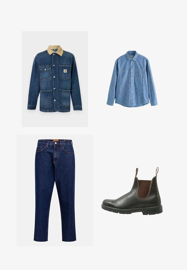 Blå denim arbejdsjakke med beige krave, fire forlommer, knaplukning og Carhartt-logo på den øverste højre lomme.; Langærmet blå chambray-skjorte med knaplukning foran og to brystlommer, lagt fladt på en hvid baggrund.; Mørkeblå denimjeans med lige snit, høj talje, fem lommer og frynset kant. Kontrastsyning og detalje med knaplukning.; Chelsea støvle lavet af glat sort læder med brune elastiske sidepaneler, kontrastsyet, og en struktureret gummisål.