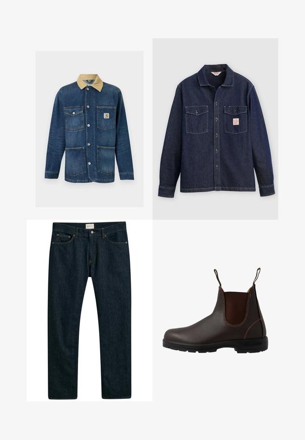 Veste de travail en denim bleu avec col beige, quatre poches avant, fermeture par boutons et logo Carhartt sur la poche supérieure droite.; Chemise en denim foncé avec un col à revers, deux poches poitrine et une patte de boutonnage. Présente des coutures contrastantes et une étiquette sur la poche gauche.; Jeans en denim bleu foncé avec une coupe droite, un design à cinq poches et des coutures contrastées. Texture du tissu lisse.; Botte Chelsea en cuir marron avec panneau latéral élastique, coutures marron, languettes de tirage, et une semelle en caoutchouc durable avec un motif texturé.