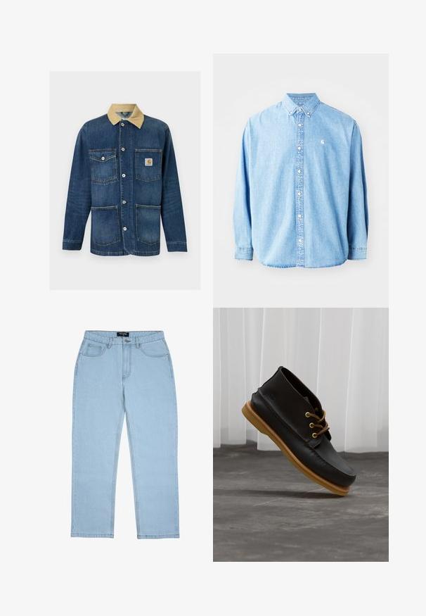 Blaue Denim-Arbeitsjacke mit beigem Kragen, vier Vordertaschen, Knopfverschluss und Carhartt-Logo auf der oberen rechten Tasche.; Hellblaue Jeanshemd mit langen Ärmeln, spitzem Kragen und kleinem Logo auf der linken Brust. Hat eine lockere Passform und ein klassisches Design.; Hellblaue Jeans mit geradem Bein, Vordertaschen, Gürtelschlaufen, Knopfverschluss und sichtbaren Nahtdetails.; Schwarze Lederschuhe mit glatter Oberfläche, runder Zehenform, braunen Schnürsenkeln und hellbraunen Gummisohlen. Logo an der Seite geprägt.