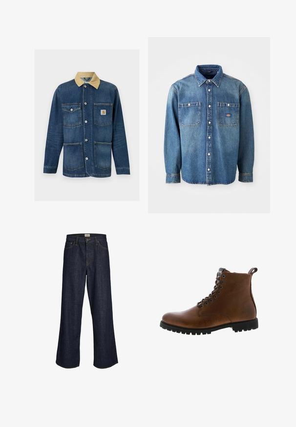 Modrá denimová pracovná bunda s béžovým golierom, štyrmi prednými vreckami, zapínaním na gombíky a logom Carhartt na pravom hornom vrecku.; Denimová košeľa v stredne modrej farbe, s vypuklým golierom, dvoma náprsními vreckami a striebornými gombíkmi. Dlhé rukávy s gombíkovými manžetami.; Tmavomodré široké džínsy vyrobené z denimu, s predným zipsom, piatimi vreckami a kontrastným šitím. Konce sú zrezané.; Hnedé kožené členkové topánky s textúrovaným povrchom, kovovými očkami a čiernou gumovou podrážkou s výrazným dezénom. Obsahujú pútko na zadnej strane pre jednoduchšie obúvanie.