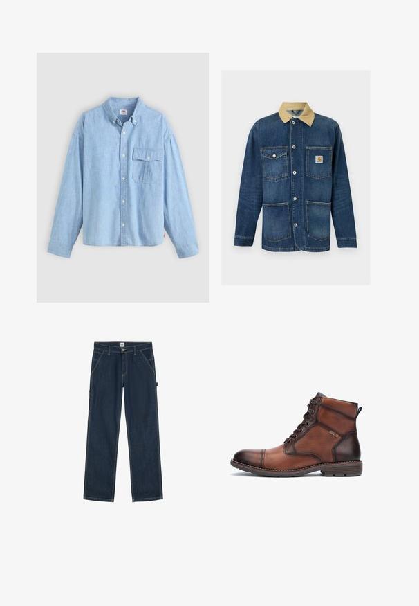 Blaue Denim-Arbeitsjacke mit beigem Kragen, vier Vordertaschen, Knopfverschluss und Carhartt-Logo auf der oberen rechten Tasche.; Himmelblaues Hemd mit Knopfverschluss aus Chambray-Stoff. Verfügt über einen Kragen, lange Ärmel und eine Brusttasche mit Klappe und Knopf.; Dunkelblaue Jeans mit geradem Bein, Vordertaschen, Gürtelschlaufen und Knopfverschluss an der Taille.; Braunleder- und Stoff-Herrenstiefel mit Knöchelhöhe, Schnürung, Nähdetails, flachem Absatz und Markenlogo an der Seite.