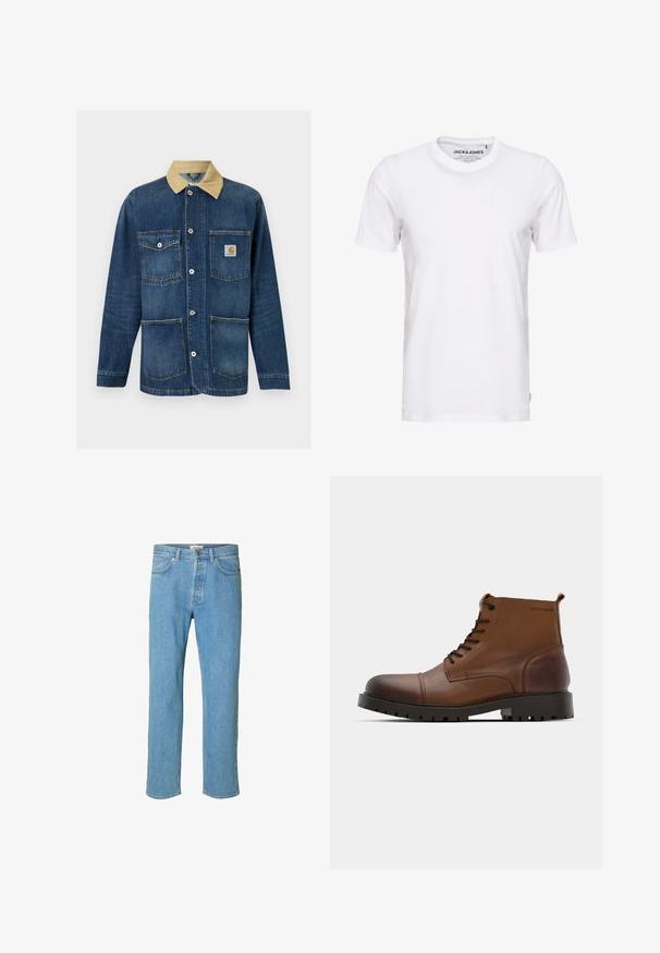 Blauwe denim werkjas met beige kraag, vier voorzakken, knoopsluiting en Carhartt-logo op de bovenste rechterzak.; Witte korte mouwen t-shirt van katoen, met een ronde hals en een eenvoudig ontwerp. Merktag zichtbaar op het nekgebied. Geen patronen of accenten.; Lichtblauwe denim jeans met een recht gesneden ontwerp. Kenmerken zijn een knoopsluiting, vijf zakken en gestikte details langs de naden.; Bruine leren enkellaarzen met ronde neus, zwarte veters en gestructureerde rubberen zool. Kenmerken logo-detail aan de zijkant en een gladde afwerking.