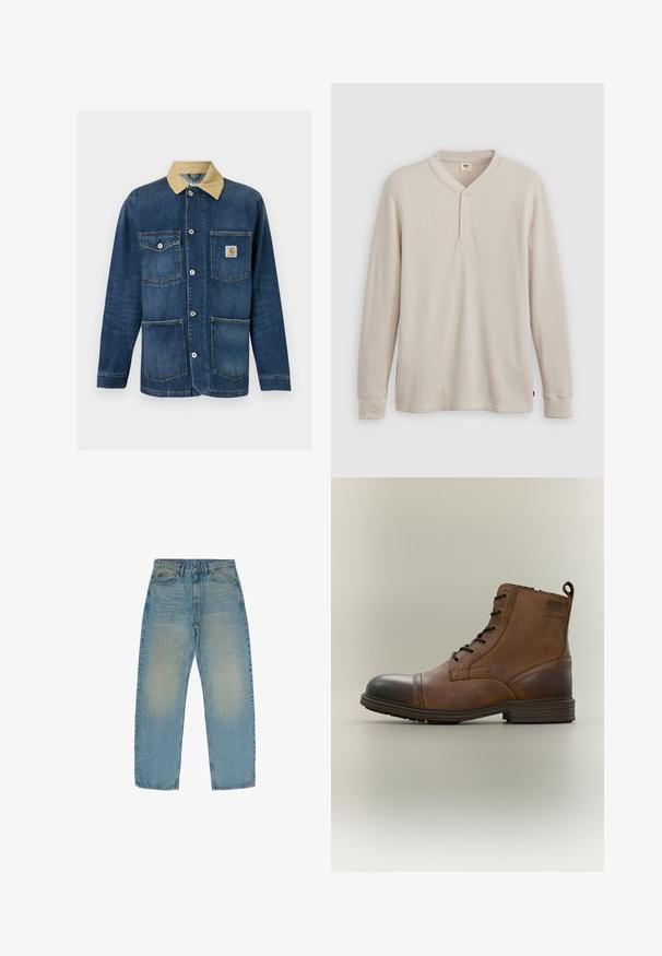 Blaue Denim-Arbeitsjacke mit beigem Kragen, vier Vordertaschen, Knopfverschluss und Carhartt-Logo auf der oberen rechten Tasche.; Langärmliges Henley-Shirt aus leicht beigem Rippstoff mit V-Ausschnitt, Knopfleiste mit drei Knöpfen und angeschnittenen Ärmeln. Roter Logo-Tag am Saum.; Hellblaue gerade geschnittene Jeans aus Denim, mit einer ausgewaschenen Struktur und mittlerem Waschgang, fünf Taschen und einem Reißverschluss.; Brauner Leder-Schnürstiefel bis zum Knöchel mit schwarzer Zehenkappe, runder Sohle und Markenlabel an der Seite vor schlichtem Hintergrund.