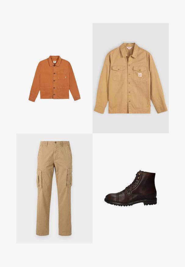 Langärmelige orange-braune Jacke mit Knöpfen, Kragen und drei aufgesetzten Taschen, flach auf weißem Hintergrund präsentiert.; Beige Hemd mit langen Ärmeln, zwei Brusttaschen und einem kleinen Etikett. Hergestellt aus Baumwolle mit einer glatten Textur und klassischem Kragen-Design.; Beige Cargo-Hosen mit zwei Seitentaschen, einem Knopfverschluss, geradem Bein und einem weichen, strukturierten Stoff.; Dunkelbraune Leder Schnürstiefelette mit robustem Gummisohlen und Metallösen, von der Außenseite betrachtet.
