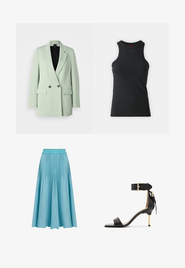 Hellgrünes Blazer mit doppelter Knopfleiste, Reverskragen, zwei Fronttaschen und schwarfem Innenfutter.; Schwarzes ärmelloses Top aus dehnbarem Material. Mit Rundhalsausschnitt und taillierter Silhouette sowie minimalistischen Nähdetails.; Faltenrock in Hellblau. Verfügt über einen breiten Taillenbund, einen fließenden Schnitt und vertikale Falten, die Textur und Bewegung hinzufügen.; Schwarze Leder-Absatzsandale mit quadrater Zehenform, Fesselriemen mit einer goldenen Schnalle und einem schlanken, metallischen Absatz. Glatte Textur, minimalistisches Design.