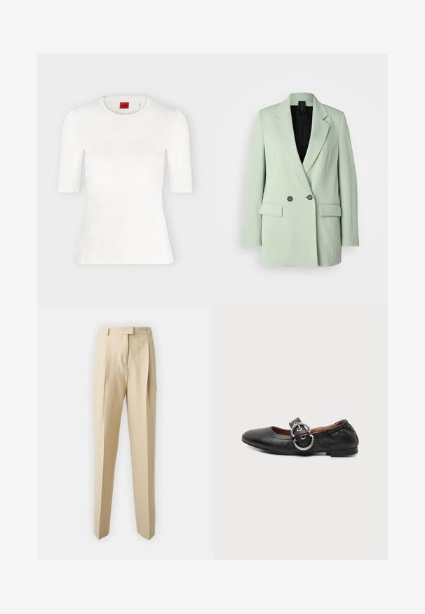 Blazer vert clair avec un design à double boutonnage, des revers crantés, deux poches avant et une doublure intérieure noire.; T-shirt blanc ajusté à manches courtes avec col rond et étiquette de marque rouge à l'intérieur du col.; Pantalons beiges ajustés avec une coupe droite, dotés de plis, d'une ceinture et d'une texture lisse. Pas de poches visibles ni d'ornements.; Chaussure plate en cuir noir avec un bout arrondi et une large bride avec boucle double anneau argentée sur le dessus.