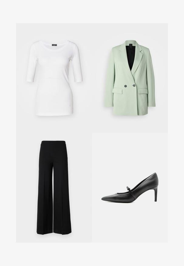 Blazer vert clair avec un design à double boutonnage, des revers crantés, deux poches avant et une doublure intérieure noire.; T-shirt ajusté blanc avec des manches trois quarts, texture douce, encolure ronde et un détail d'accent sur le côté près de l'ourlet.; Pantalons larges noirs avec une texture lisse, présentant une taille haute et sans fermetures visibles. Design simple et épuré.; Escarpin noir en cuir à bout pointu avec une fine bride et une boucle sur le cou-de-pied, posé sur un fond clair neutre.