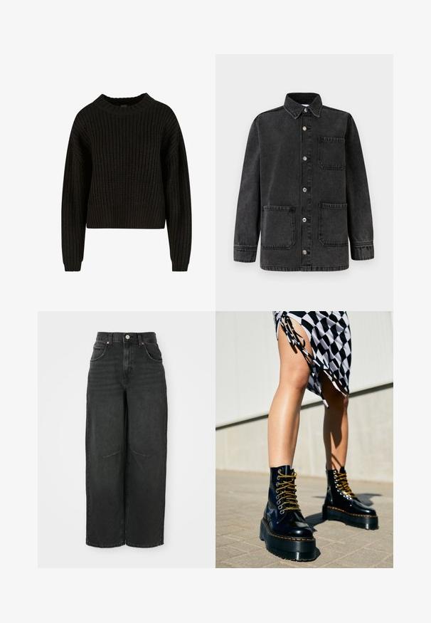 Sort denimjakke med krave, to forlommer og sølvfarvede trykknapper. Stoffet har en let slidt tekstur.; Sort strikket trøje med ribbet tekstur, rund halsudskæring og lange ærmer. Afkortet design med en løs pasform. Ingen synlige mønstre eller metaldele.; Sorte bredbenede jeans lavet af denim. Høj talje med knaplukning og stropper til bælte. Har forlommer og synlige syningsdetaljer.; Sorte læder platform støvler med chunky såler, guld snørebånd og orange syninger, kombineret med en ternet nederdel med en sideslids.