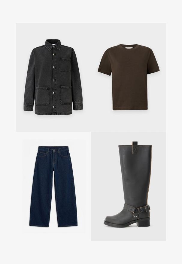 Sort denimjakke med krave, to forlommer og sølvfarvede trykknapper. Stoffet har en let slidt tekstur.; Mørkebrun bomulds-t-shirt med rund halsudskæring, korte ærmer og en afslappet pasform. Simpelt design uden synlige mønstre eller accenter.; Mørkeblå vidde denimjeans med frontknap og lynlås, bæltestropper og femlomme-stil, lagt fladt på en hvid baggrund.; Sorte læderknæhøje støvler med en tekstureret overflade, der har en sidebuckle-detalje og en lav hæl. Særligt detaljeret syninger langs sømmene.