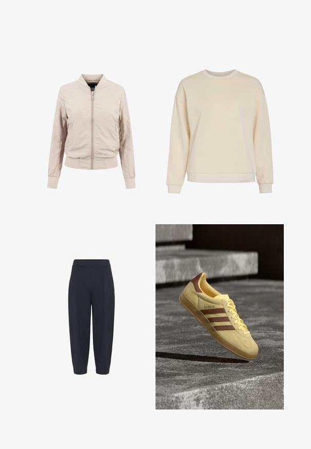 Vaaleanbeige bomber-takki vetoketjulla edessä, resorihihoilla ja helmalla. Valmistettu sileästä kankaasta, yksinkertaisella muotoilulla ja ilman näkyviä kuvioita.; Beige huppari, jossa on pyöreä kaula-aukko, pitkät hihat sekä ribbauskanteet ja -helma. Pehmeä rakenne, rento istuvuus, minimalistinen muotoilu.; Tummansinisen väriset kapeat housut, joissa on joustava vyötärö, keskiviimot, sileä pinta ja nilkkapituiset leikkaukset.; Keltainen Adidas Gazelle -tossu, jossa ruskeat raidat ja kantakiila, kelluu harmaan betonipinnan yllä, taustalla portaat.
