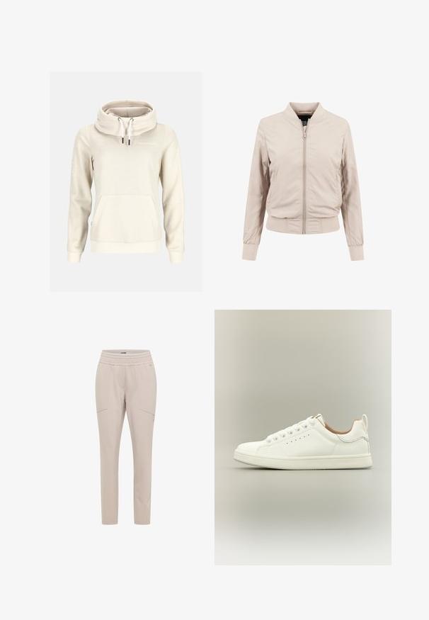 Lichtbeige bomberjack met ritssluiting aan de voorkant, geribbelde boorden en tailleband. Gemaakt van gladde stof met een eenvoudig ontwerp zonder zichtbare patronen.; Beige hoodie met lange mouwen, hoge kraag, witte trekkoorden, een kangoeroezak aan de voorkant en klein "Swedemount" logo op de borst.; Licht beige slim-fit broek met elastische tailleband en voorzakken, ontworpen voor casual of actief gebruik.; Witte lage sneaker met veters, geperforeerde details aan de zijkant en een trek lus op de hiel, tegen een neutrale achtergrond.