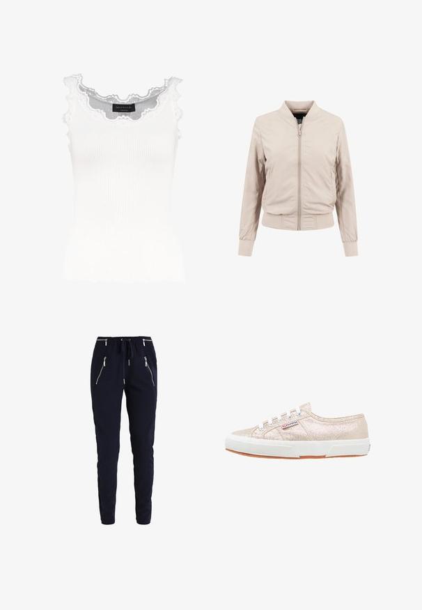 Veste bomber beige clair avec fermeture éclair sur le devant, poignets et taille côtelés. Fabriquée en tissu lisse avec un design simple et sans motifs visibles.; Débardeur blanc à côtes avec dentelle au niveau de l'encolure et des manches. Présente une texture douce et une coupe ajustée. Étiquette de la marque visible à l'intérieur.; Pantalon bleu marine fuselé avec taille élastique, cordon de serrage et quatre poches zippées argentées, présenté sur fond blanc.; Baskets métalliques dorées avec une surface texturée, semelle en caoutchouc blanche et lacets ronds ; elles présentent un patch logo sur le côté et une semelle en caoutchouc.