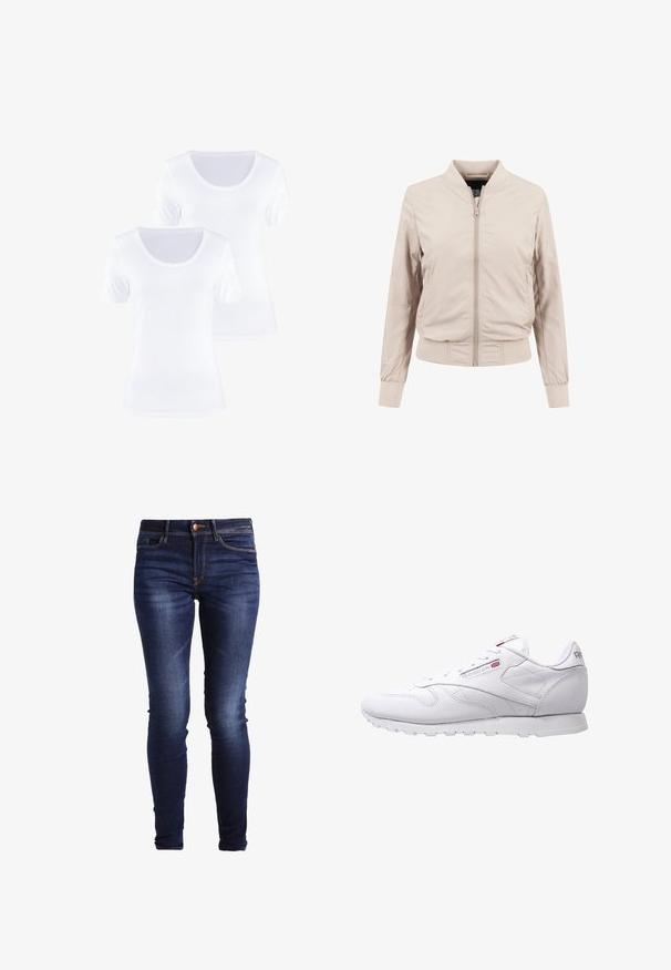 Cazadora bomber beige claro con cierre frontal de cremallera, puños y cintura acanalados. Hecha de tejido liso con un diseño sencillo y sin patrones visibles.; Dos camisetas blancas de manga corta con cuello redondo, hechas de suave tela de algodón, que presentan una textura lisa y un diseño limpio.; Jeans skinny de mezclilla azul oscuro con cinco bolsillos, una cremallera y un cierre de botón. Textura fina con ligeros detalles de desgaste en los muslos.; Zapatillas deportivas blancas con parte superior de cuero suave, puntera redondeada y suela de goma texturizada. Presentan un sutil logo en el lateral y en la lengüeta.
