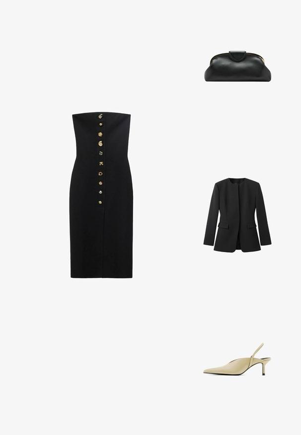 Zwarte blazer met een ronde halslijn, lange mouwen en twee voorkuipen. Gladde textuur, getailleerde pasvorm, geen zichtbare sluitingen of patronen.; Zwarte strapless jurk met een getailleerde silhouet, met een frontsluiting met goudkleurige decoratieve knopen in het midden.; Beige slingback schoen met puntige neus, lage naaldhak en een dun verstelbaar riempje rond de hiel.; Zwarte leren clutch met gouden metalen frame en drukknoopsluiting op een witte achtergrond.
