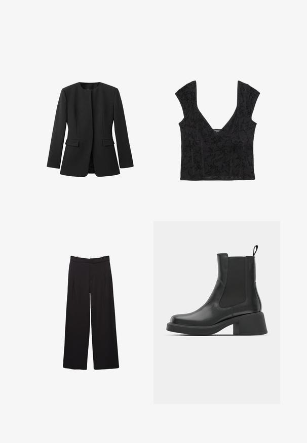 Sort blazer med rund halsudskæring, lange ærmer og to forlommer. Glat tekstur, skræddersyet pasform, ingen synlige lukninger eller mønstre.; Sort cropped top med dybt V-udskæring og brede skulderstropper med subtilt blomsterprint og tætsiddende silhuet.; Sorte bukser med vide ben, fordele foran og bæltestropper, skræddersyet pasform, talje i mellemhøjde og skjult lukning foran.; Sorte læder ankelstøvler med elastiske sidepaneler, afrundet tå og en kraftig blokhæl. Glat tekstur med et minimalistisk design.