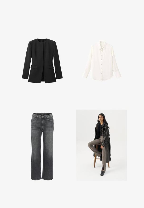 Schwarze Blazer mit rundem Ausschnitt, langen Ärmeln und zwei vorderen Taschen. Glatte Textur, taillierte Passform, keine sichtbaren Verschlüsse oder Muster.; Weißes, langärmeliges Hemd mit Knopfleiste, klassischem Kragen und vorne zuzuknöpfendem Verschluss; besteht aus einem glatten, leichten Stoff und hat einen abgerundeten Saum.; Weite Jeans aus dunkelgrauem Denim mit klassischem Fünf-Taschen-Design, genähten Details und einem Knopfverschluss an der Taille.; Schwarzer Leder-Trenchcoat mit Knöpfen und Gürtel-Detail, kombiniert mit hellbraunen, taillierten Hosen und schwarzen Slippern, sitzt auf einem Holzschemel.