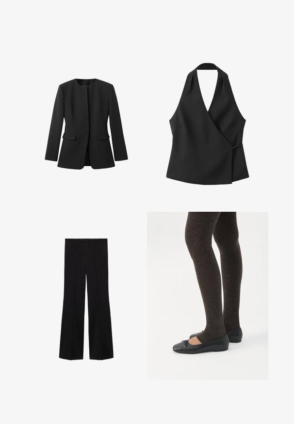 Sort blazer med rund halsudskæring, lange ærmer og to forlommer. Glat tekstur, skræddersyet pasform, ingen synlige lukninger eller mønstre.; Sort ærmeløs wrap-top med halterneck og sidebindedetalje på hvid baggrund.; Sorte højtaljede bukser med brede ben og for- søm detaljer, lavet af et glat stof.; Ben iført mørke ribbede leggings kombineret med sorte balletsko med små sløjfedetaljer på hvid baggrund.