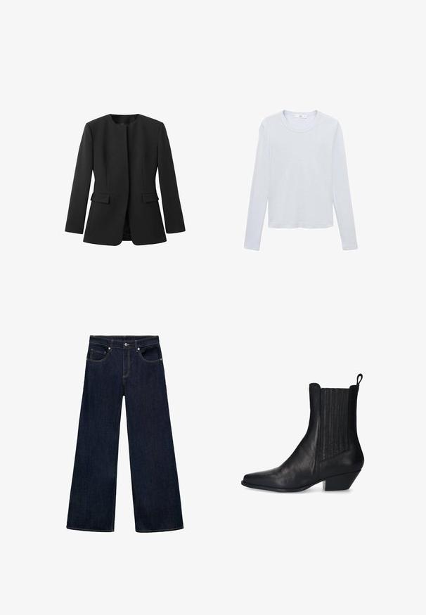Zwarte blazer met een ronde halslijn, lange mouwen en twee voorkuipen. Gladde textuur, getailleerde pasvorm, geen zichtbare sluitingen of patronen.; Wit katoenen T-shirt met lange mouwen, ronde hals, rechte zoom en minimale stiksels, plat liggend op een witte achtergrond.; Donkerblauwe denim wijde jeans met een hoge taille, voorzien van vijf zakken, metalen knoopsluiting en zichtbare stikselaccenten.; Zwarte lederen enkelboot met een puntige neus, hoekige hak en geribbelde elastische panelen aan de zijkanten. Glad oppervlak en slank ontwerp.