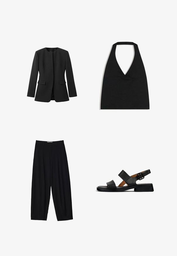 Sort blazer med rund halsudskæring, lange ærmer og to forlommer. Glat tekstur, skræddersyet pasform, ingen synlige lukninger eller mønstre.; Sort halterneck crop top med dyb V-udskæring og bred nakkestrop mod en hvid baggrund.; Sorte vide benbukser lavet af letvægtsstof, med frontfolder, en klassisk talje og sidelommer. Glat tekstur.; Sorte lædersandaler med to vandrette stropper og en spændeankelrem. Flad, tekstureret sål med en let hæl og en glat finish.