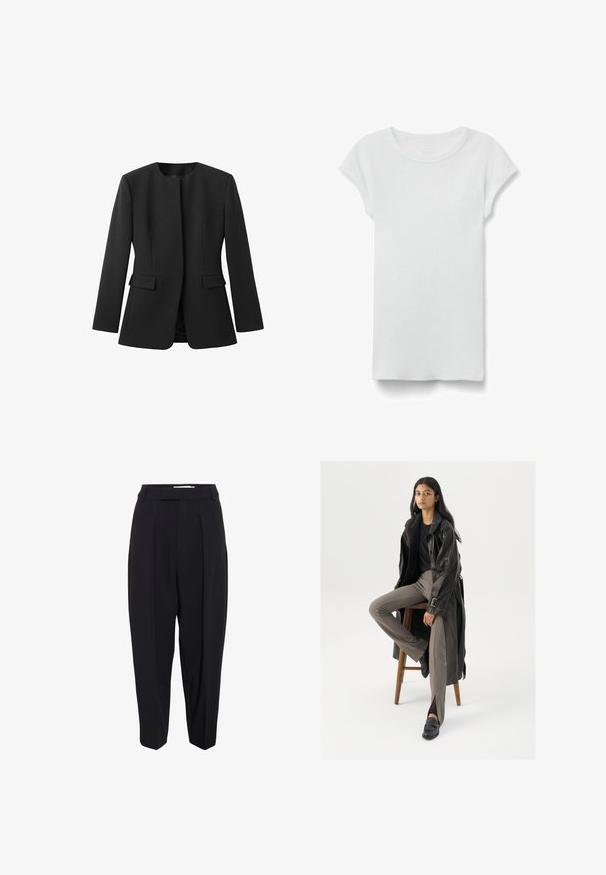 Sort blazer med rund halsudskæring, lange ærmer og to forlommer. Glat tekstur, skræddersyet pasform, ingen synlige lukninger eller mønstre.; Hvid kortærmet ribbet T-shirt med rund hals, lagt fladt på hvid baggrund, viser forsiden og simpel afslappet stil.; Sorte skræddersyede bukser med høj talje, der har læg og en cropped, tapered buksdesign. Glat stof med en mat overflade.; Sort læder trench coat med knapper og bælte detalje, parret med lysebrune tætsiddende bukser og sorte loafers, siddende på en træstol.