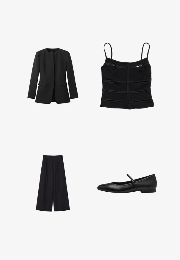 Sort blazer med rund halsudskæring, lange ærmer og to forlommer. Glat tekstur, skræddersyet pasform, ingen synlige lukninger eller mønstre.; Sort tætsiddende crop top med tynde skulderstropper og vandrette sømdetaljer på stoffet.; Sorte vide bukser med draperinger, lavet af et glat stof. Har høj talje og et rent, skræddersyet snit.; Sorte læder balletflade med rund tå, en enkelt rem over vristen og en lav, rektangulær hæl. Glat tekstur.