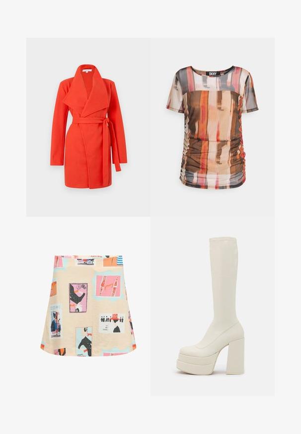 Manteau rouge avec col châle, manches longues et ceinture assortie. Fabriqué dans un tissu texturé avec une coupe ajustée et sans fermetures.; DKNY MESH TOP - T-shirt imprimé - amalfi pink/pristine multi; Jupe trapèze beige avec des imprimés colorés d’illustrations abstraites de cartes postales et de mode en tons de rose, orange, noir et bleu.; Steve Madden CYPRESS - Bottes à plateau - off white