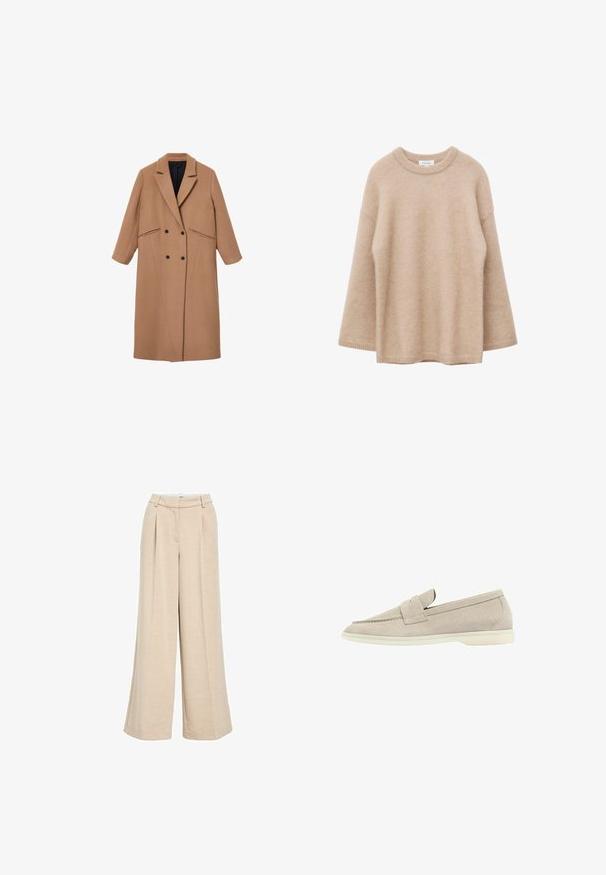 Manteau en mélange de laine marron avec une coupe ajustée, revers en notch, boutons double boutonnage et poches latérales. Texture lisse ; design à mi-mollet.; Pull beige à manches longues avec col rond, texture douce et duveteuse, coupe décontractée, présenté sur un fond blanc.; Pantalons larges beige clair en tissu texturé, avec une taille haute, des plis avant et des poches latérales pour plus de fonctionnalité.; Mocassin en suède beige clair avec une semelle blanche basse, un bout arrondi et une lanière cousue sur le dessus.