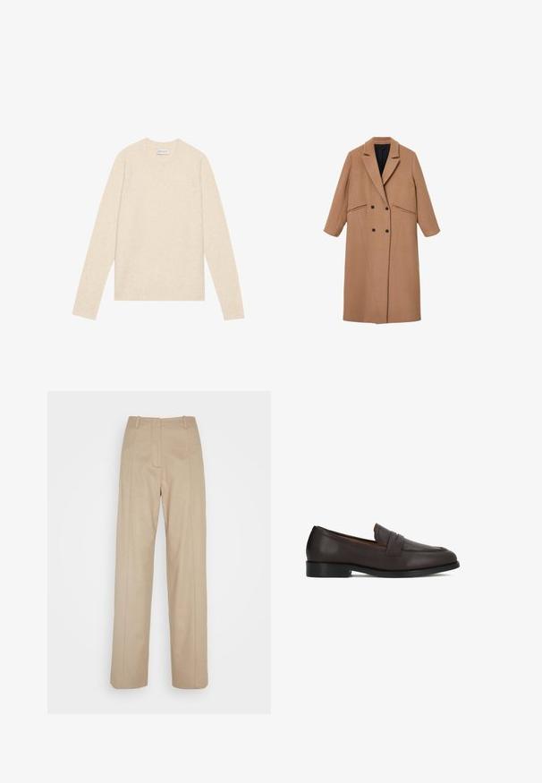 Manteau en mélange de laine marron avec une coupe ajustée, revers en notch, boutons double boutonnage et poches latérales. Texture lisse ; design à mi-mollet.; Pull en laine beige clair avec un col rond, des manches longues et des bords côtes au niveau des poignets et de l'ourlet. Texture douce, design minimal, pas de motifs ou d'accents visibles.; Calvin Klein TAILORED STRAIGHT PANT - Pantalon classique - cinder; Mocassins en cuir marron avec une finition lisse, un bout arrondi et un détail décoratif à l'avant. Semelle robuste et légère élévation du talon.