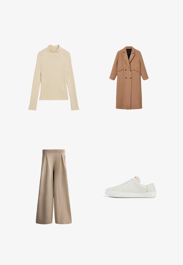 Bruine wolmix overjas met een getailleerde pasvorm, inkepingen bij de revers, dubbelgeknoopte knopen en zijzakken. Glad textuur; knielange ontwerp.; Geribbeld gebreide longsleeve top in off-white met een hoge kraag en een slim fit. Heeft een verticale textuur en een cropped zoom.; Beige broek met hoge taille en wijde pijpen, met subtiele verticale krijtstrepen en voorplooien, afgebeeld op een witte achtergrond.; Witte leren sneaker met een lage profiel, ronde neus, platte vetersluiting en witte rubberen zool. Bevat subtiele stiksels en een klein logo.