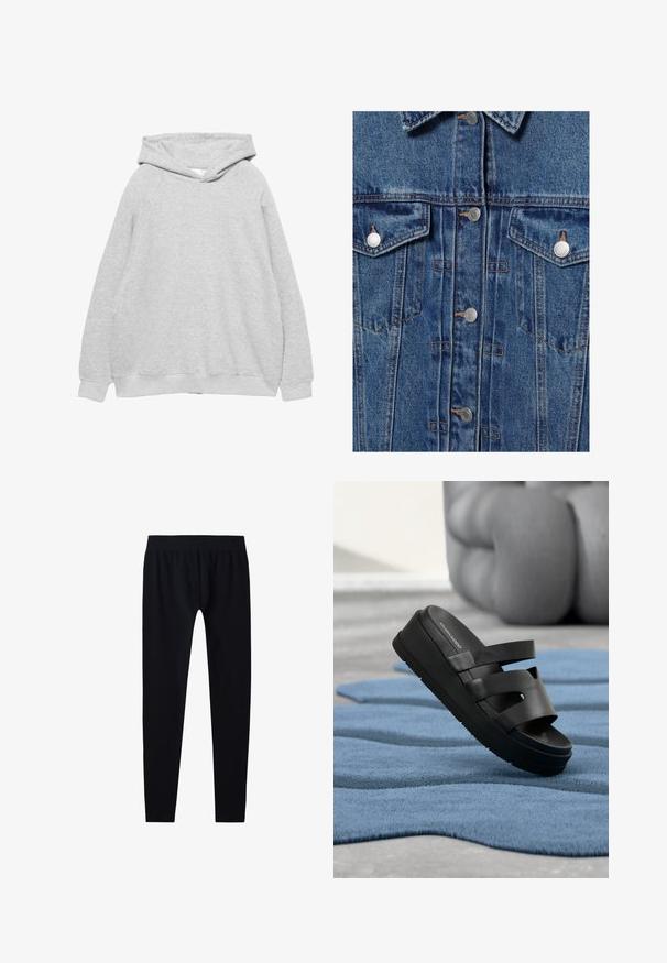 Veste en denim bleu à l'avant avec boutons-pression métalliques, deux poches poitrine avec rabat et détails de coutures orange visibles.; Sweatshirt à capuche gris clair avec une texture douce, des manches raglan et des bords côtelés au niveau des poignets et de l'ourlet. Design simple, sans graphiques ni motifs visibles.; Leggings noirs ajustés avec une taille haute élastique et sans logos ni motifs visibles.; Sandale à plateforme noire avec trois brides posée sur un tapis bleu texturé ondulé, à l'intérieur près d'un canapé arrondi flou.