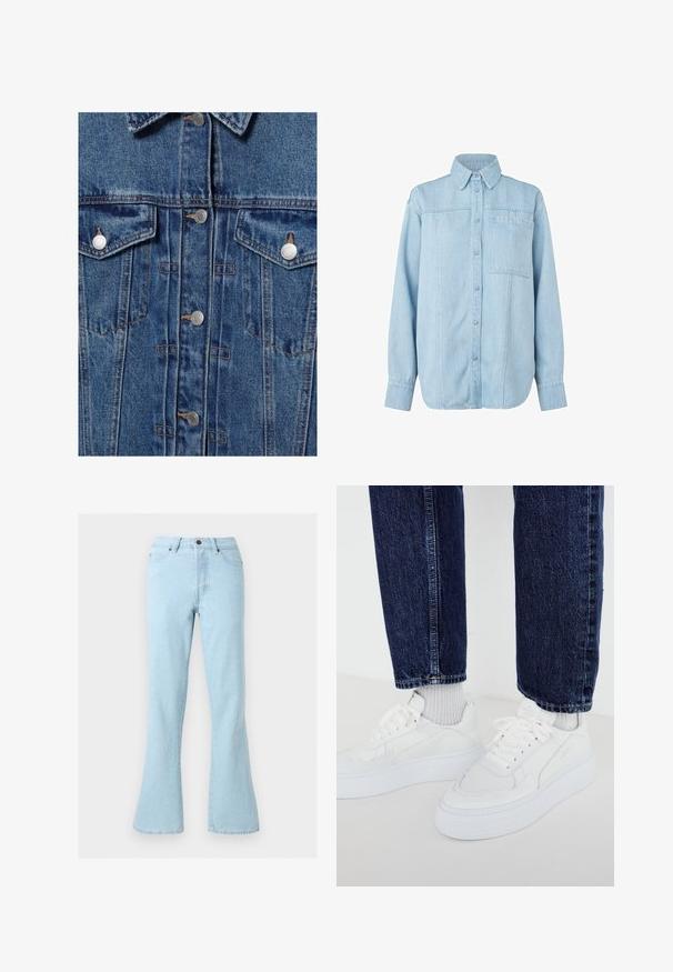 Veste en denim bleu à l'avant avec boutons-pression métalliques, deux poches poitrine avec rabat et détails de coutures orange visibles.; Chemise en denim bleu clair à manches longues, devant boutonné, col pointu, poche poitrine unique et détails de couture verticaux subtils.; Jean en denim bleu clair avec une taille haute et des jambes évasées, comprenant des poches avant, des passants de ceinture et une fermeture par bouton.; Baskets blanches avec un design texturé et des semelles épaisses, associées à des chaussettes côtelées gris clair et un jean en denim bleu foncé.